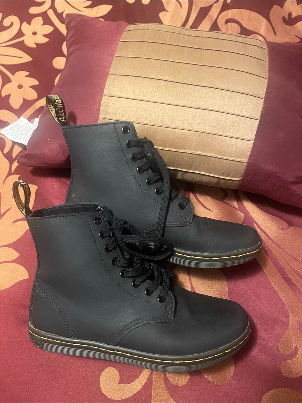 Dr. Martens Black Lace-Up Leather Boots with Yellow Stitching
